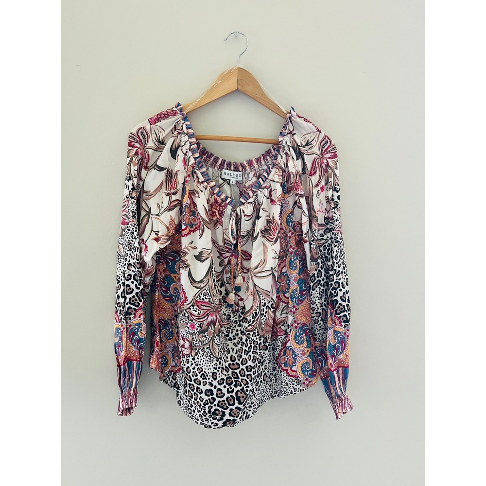 Hale‎ Bob Silk Blend Mixed Print Peasant Blouse Floral Leopard Tassel Top Large